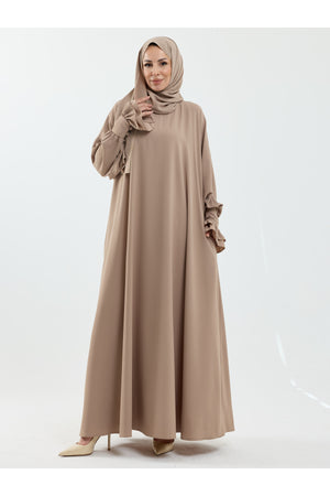 Beige Abaya with Gathered Cuffs & Matching Shawl