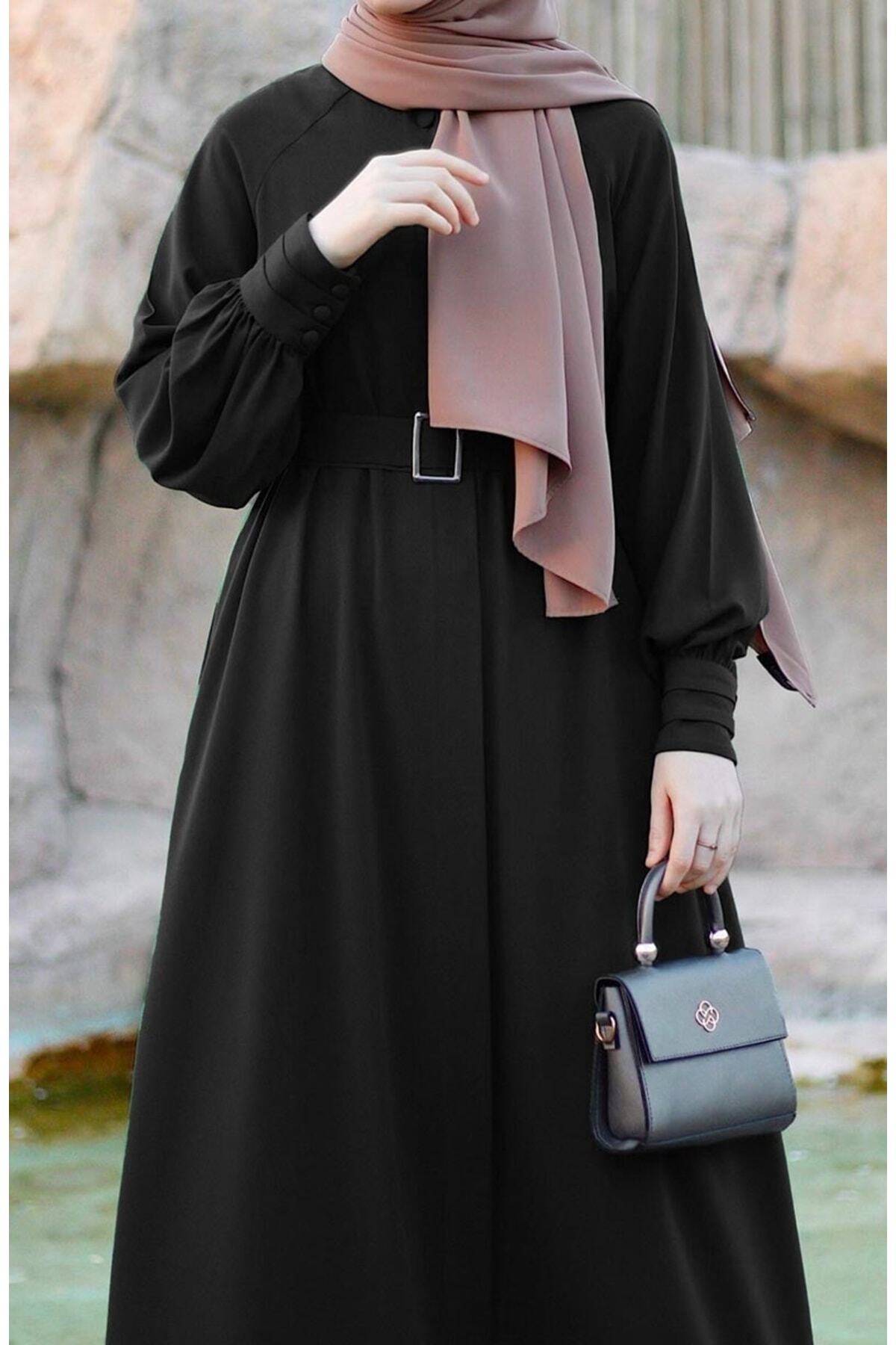 Relaxed Fit Long Crepe Ferace Dress with Adjustable Belt — Siyah