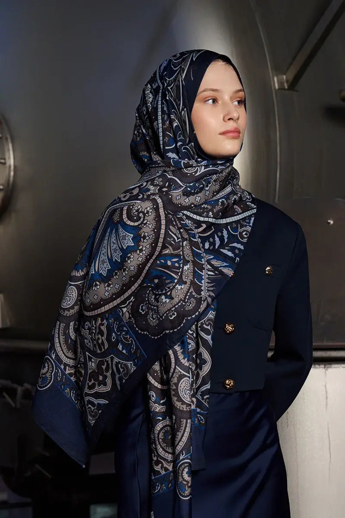 Patterned Polyester Scarf for Modest Styling — Lacivert