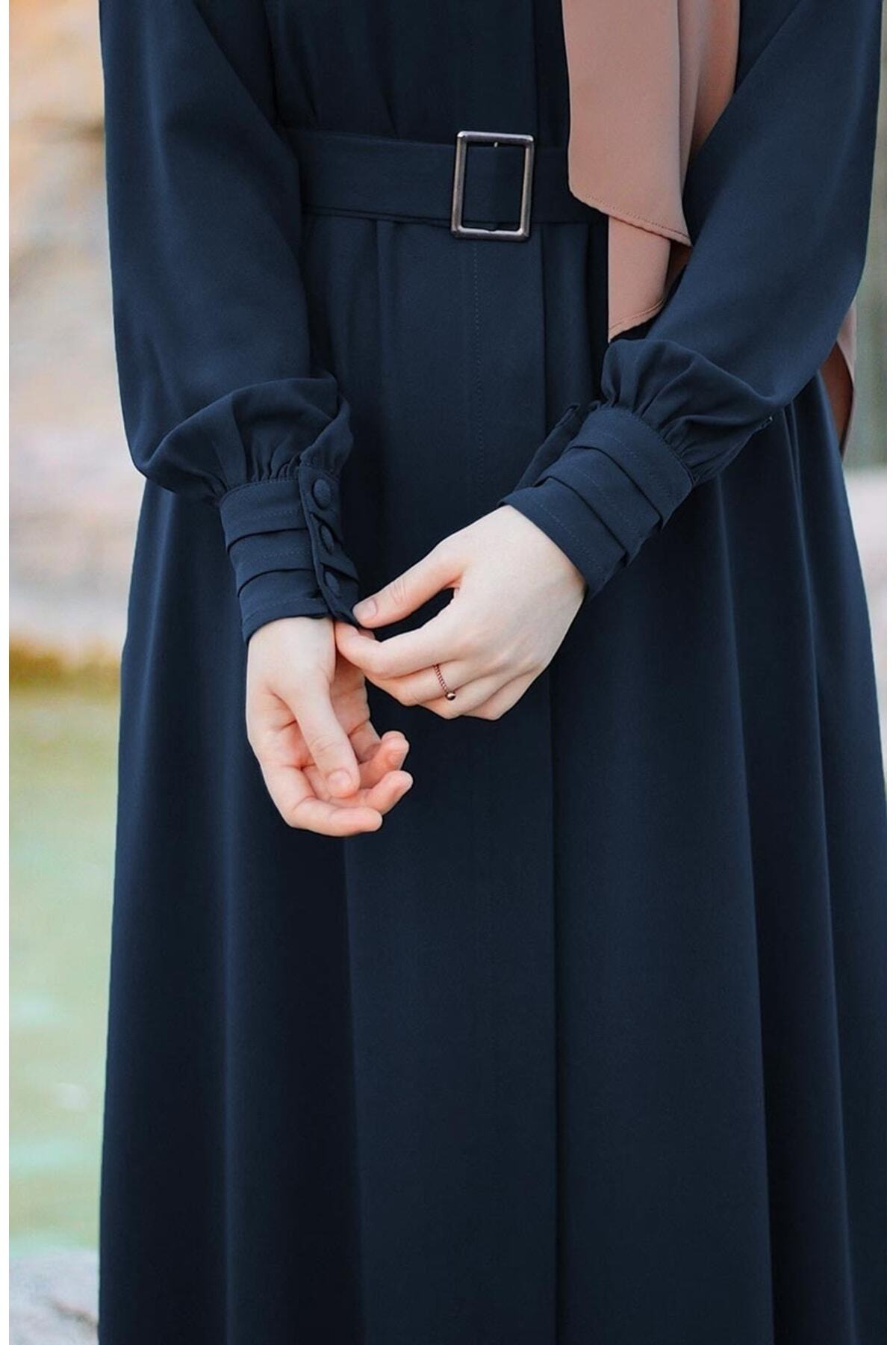 Relaxed Fit Long Crepe Ferace Dress with Adjustable Belt — Lacivert