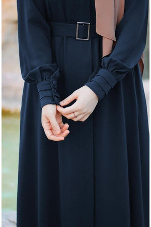 Relaxed Fit Long Crepe Ferace Dress with Adjustable Belt — Lacivert