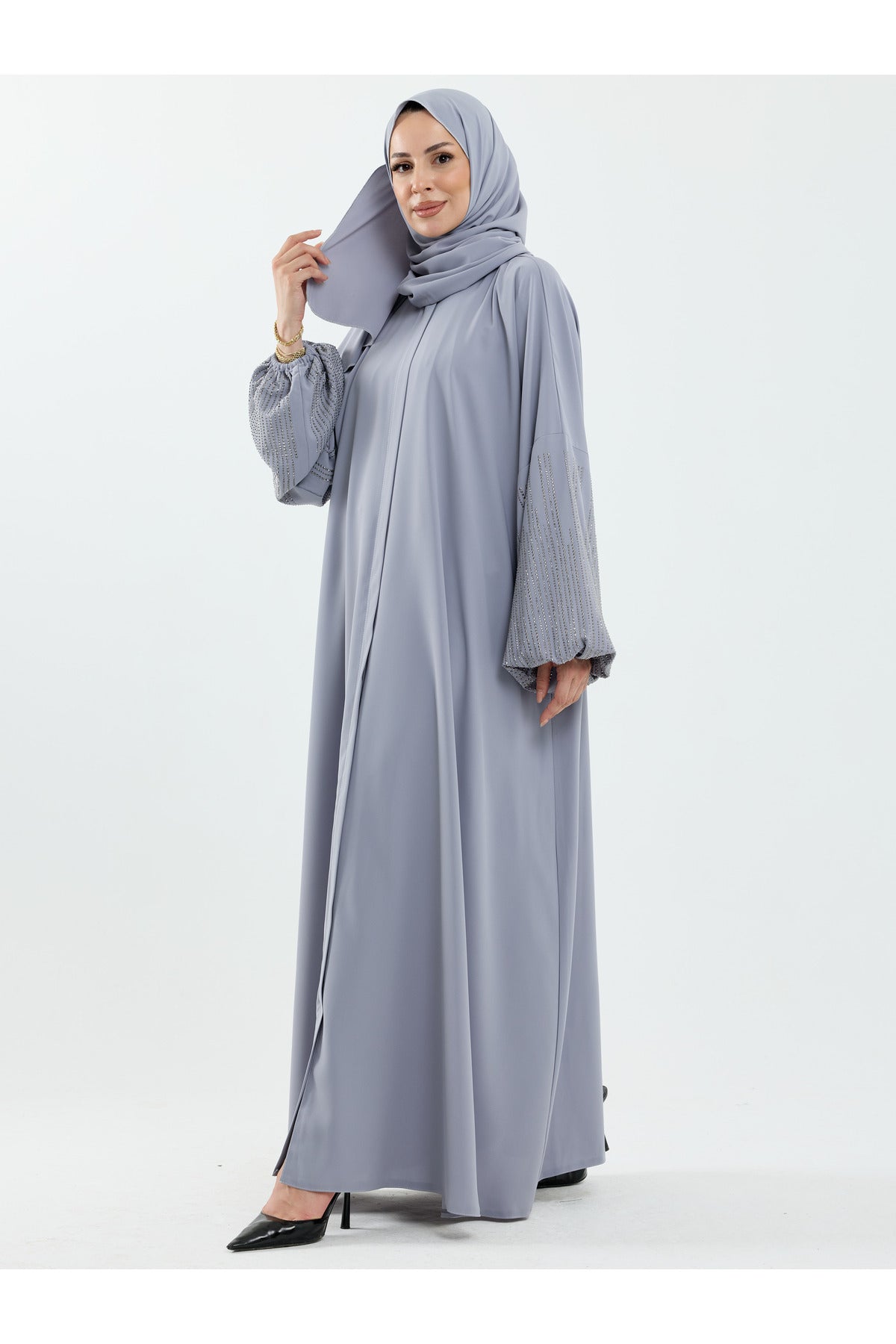 Abaya Set with Embellished Sleeves & Matching Shawl — Gri