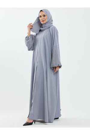 Abaya Set with Embellished Sleeves & Matching Shawl — Gri