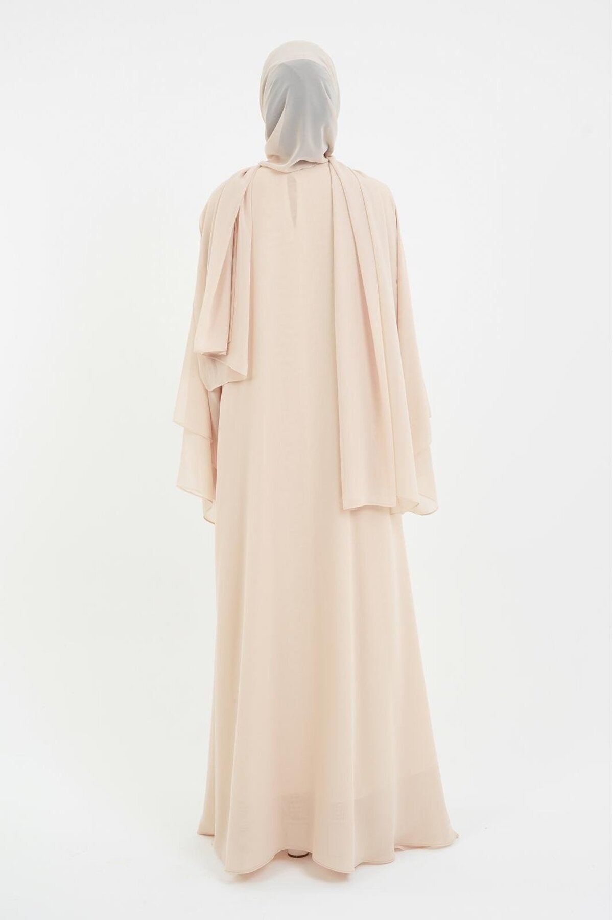 Long Lightweight Abaya and Matching Shawl Set with Snap Closure — acik-bej