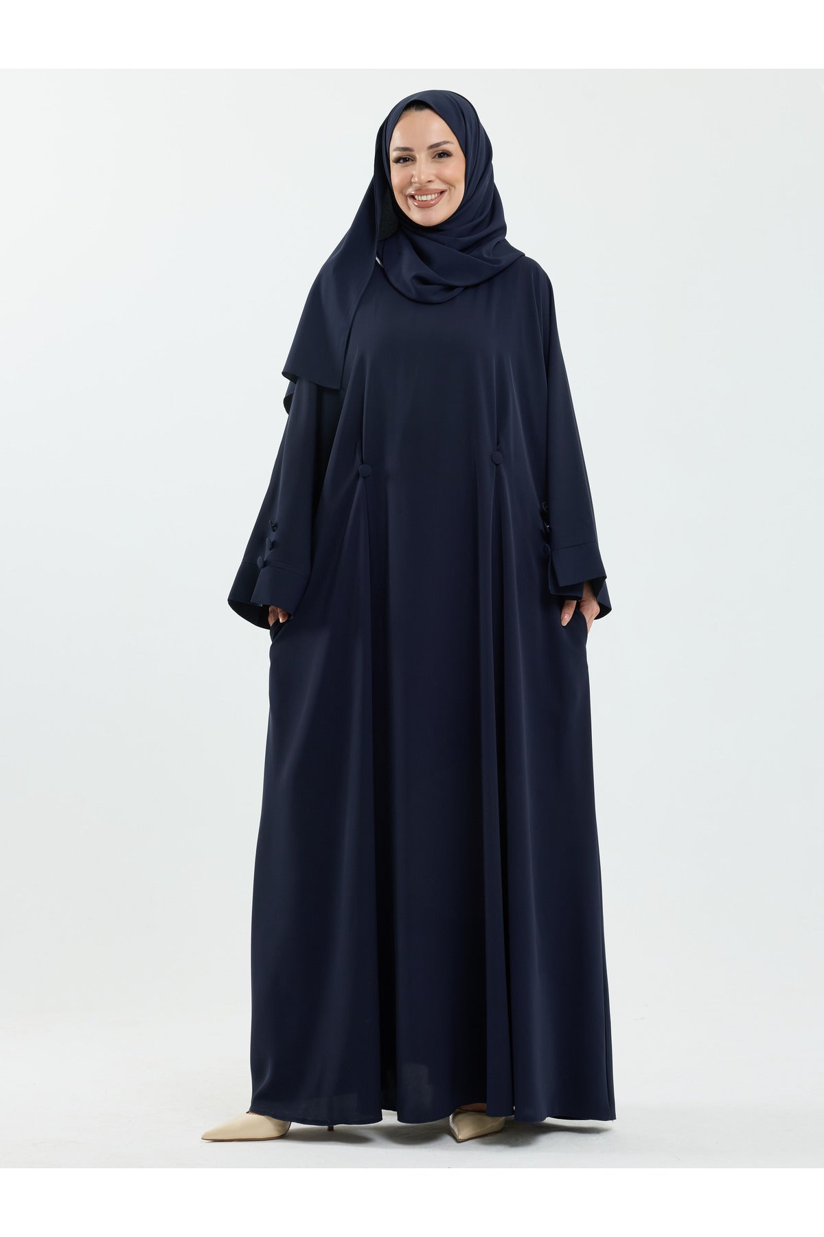 Modest Full-Zip Abaya with Matching Shayla and Button Cuffs — Lacivert
