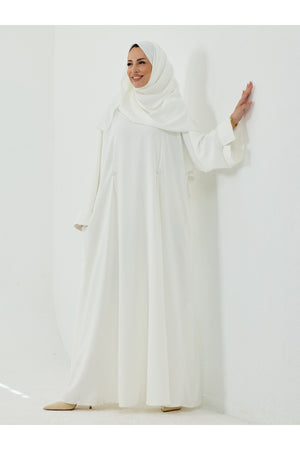 Modest Full-Zip Abaya with Matching Shayla and Button Cuffs — Beyaz