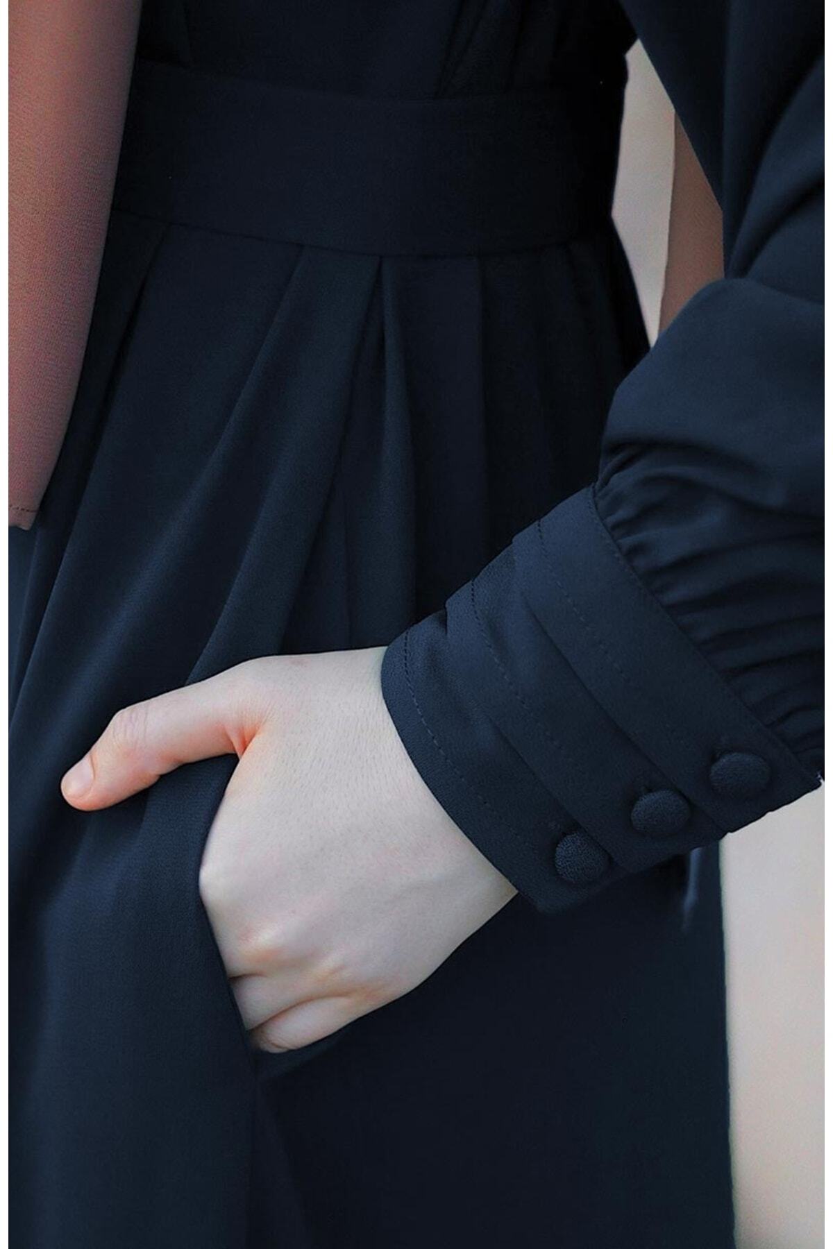 Relaxed Fit Long Crepe Ferace Dress with Adjustable Belt — Lacivert