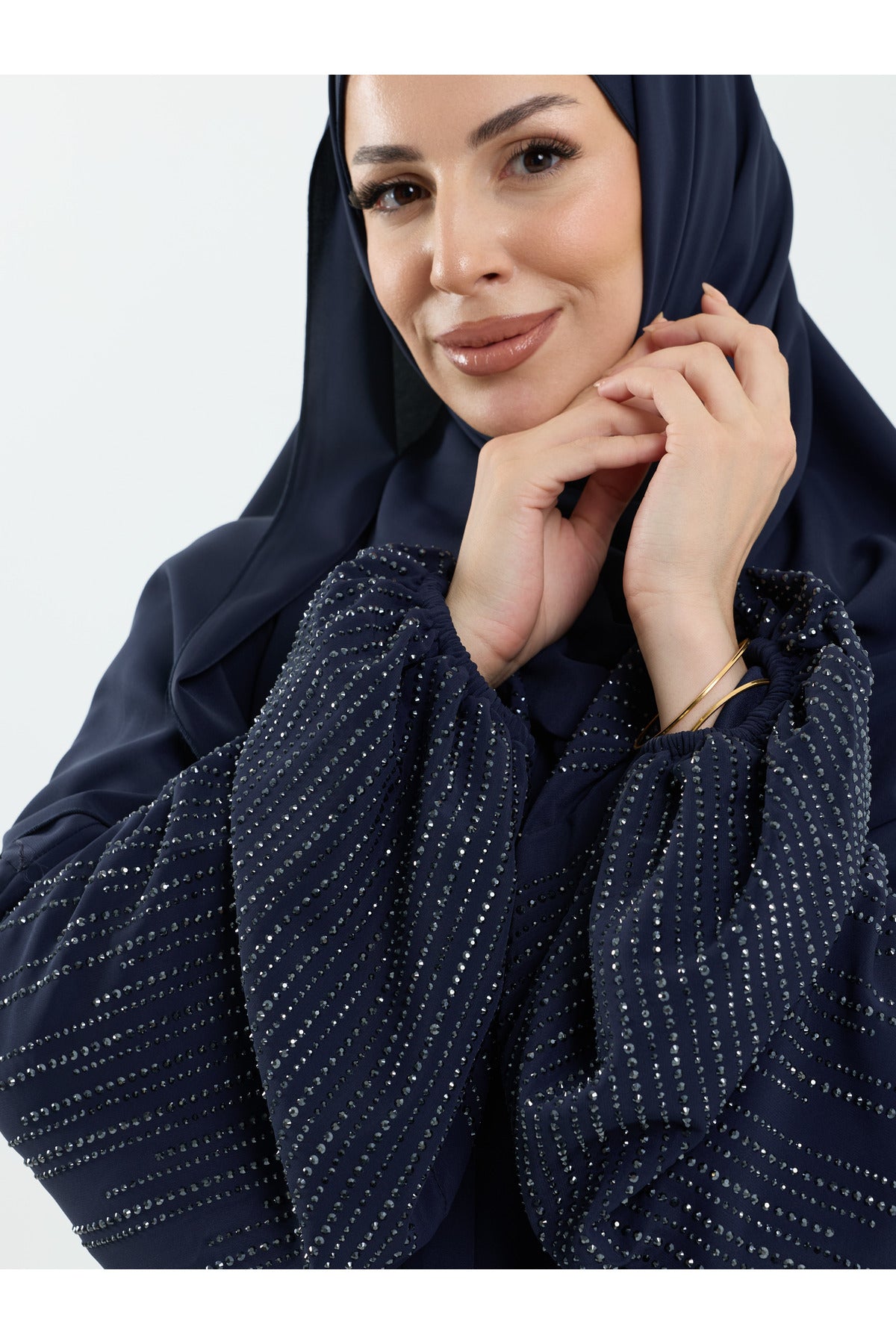 Abaya Set with Embellished Sleeves & Matching Shawl — Lacivert