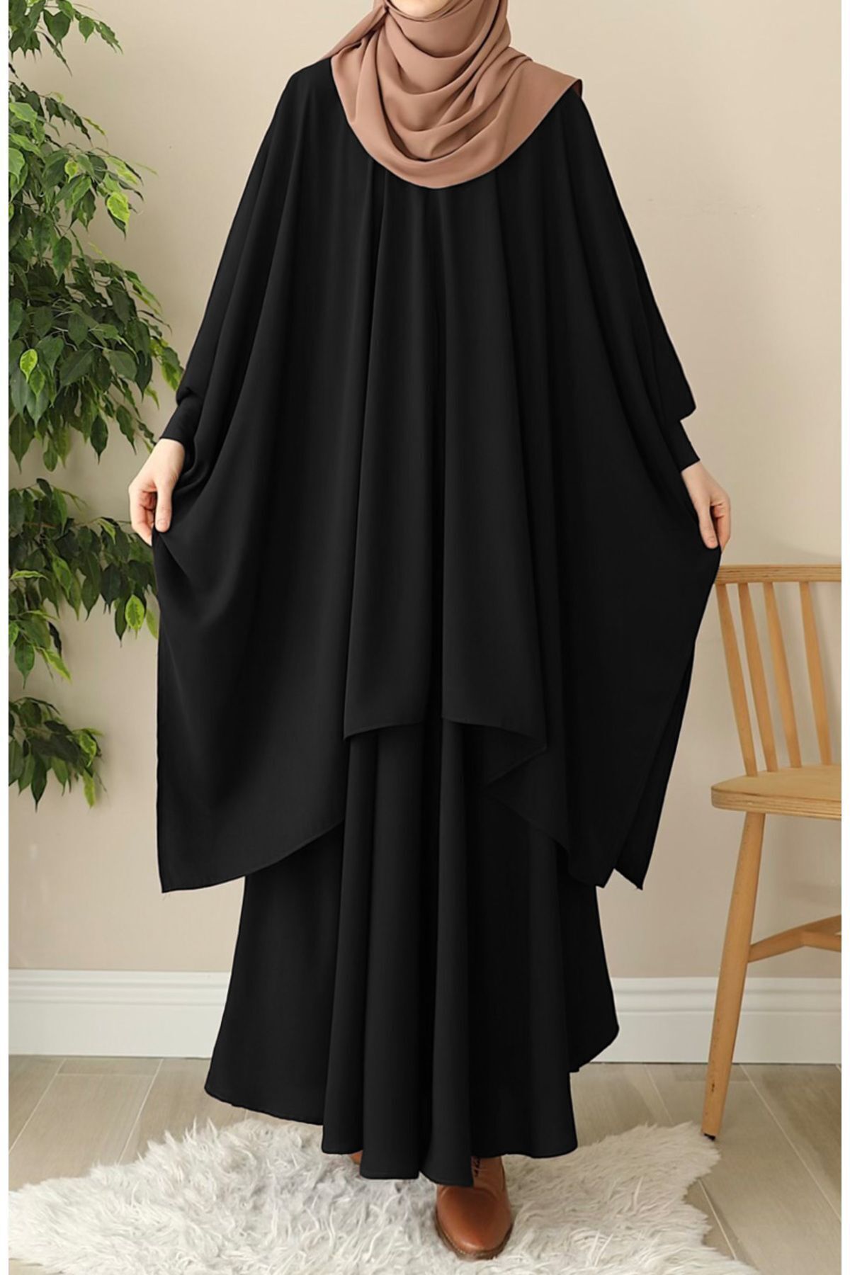 Modest Relaxed Fit Long Tunic & Skirt Set with Batwing Sleeves — Siyah