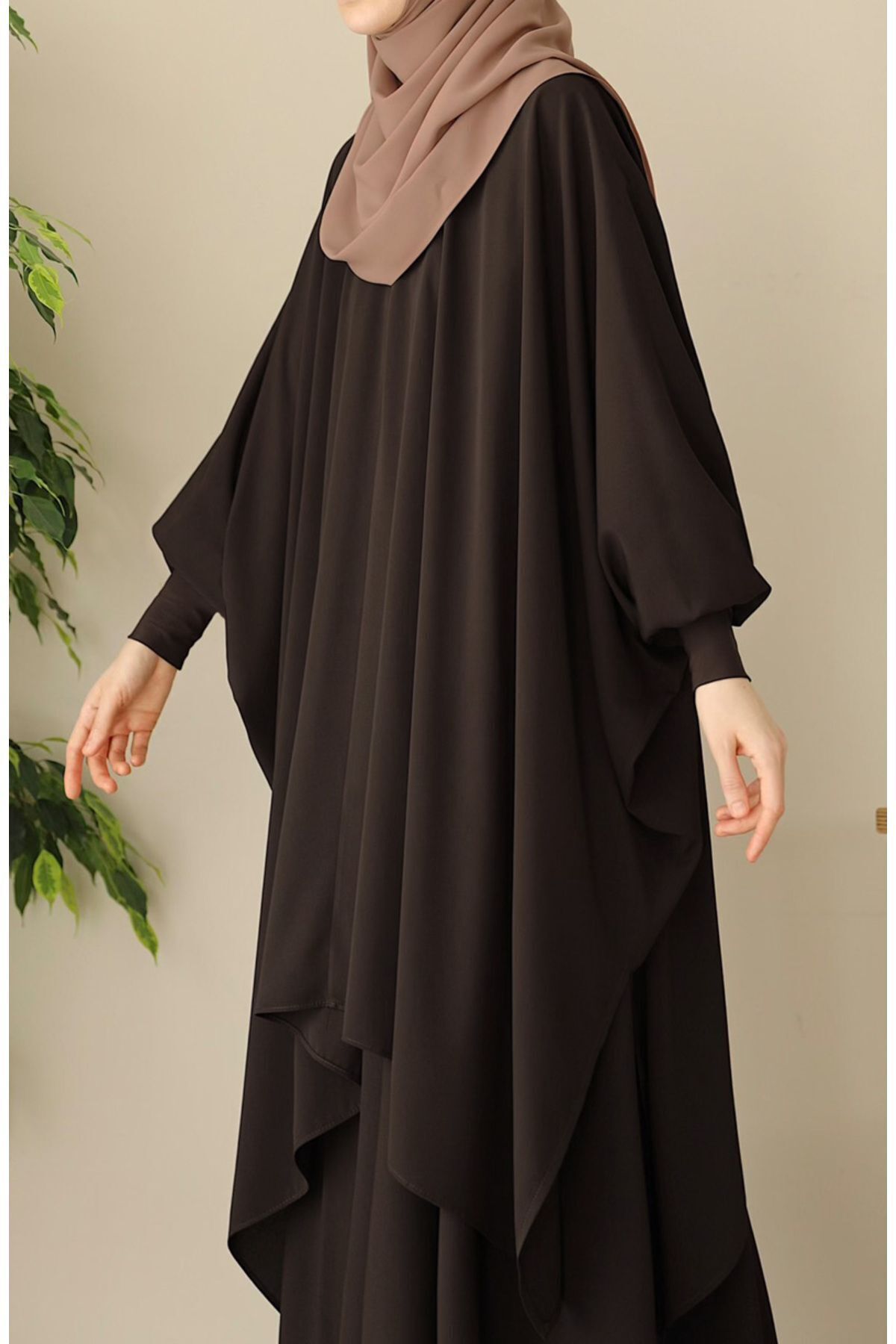 Modest Relaxed Fit Long Tunic & Skirt Set with Batwing Sleeves — Kahverengi