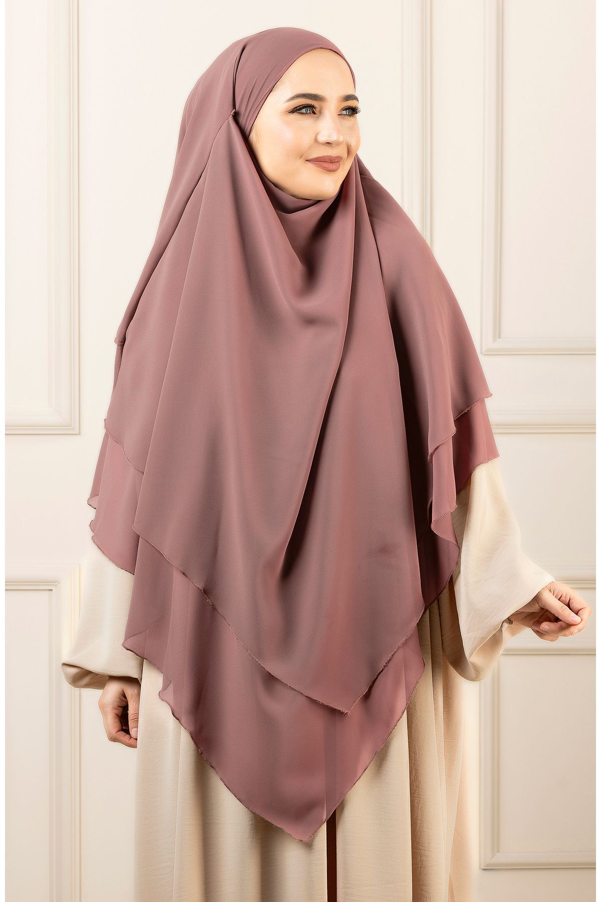 Long Layered Chiffon Khimar with Tie-Back Niqab — Pembe
