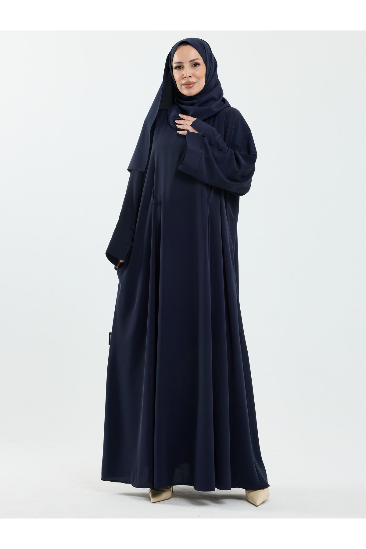 Modest Full-Zip Abaya with Matching Shayla and Button Cuffs — Lacivert