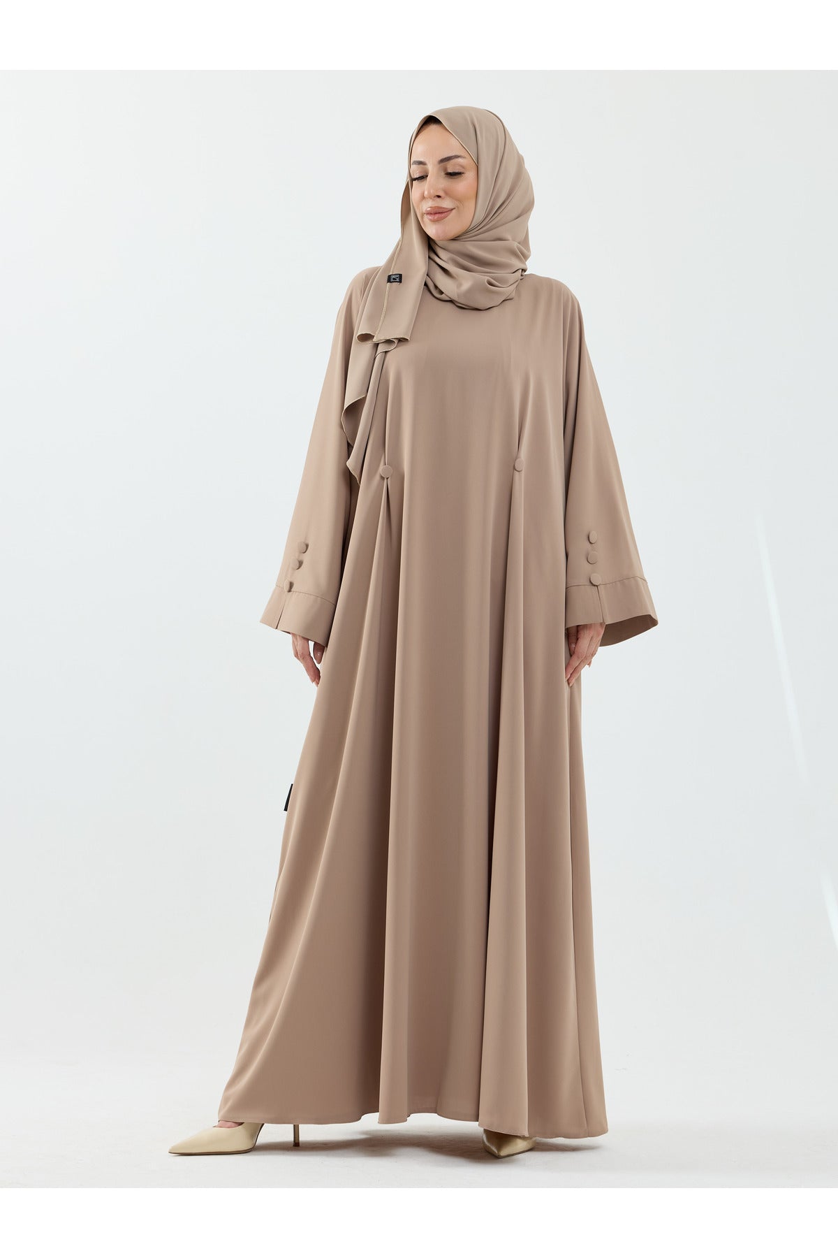 Modest Full-Zip Abaya with Matching Shayla and Button Cuffs — Bej