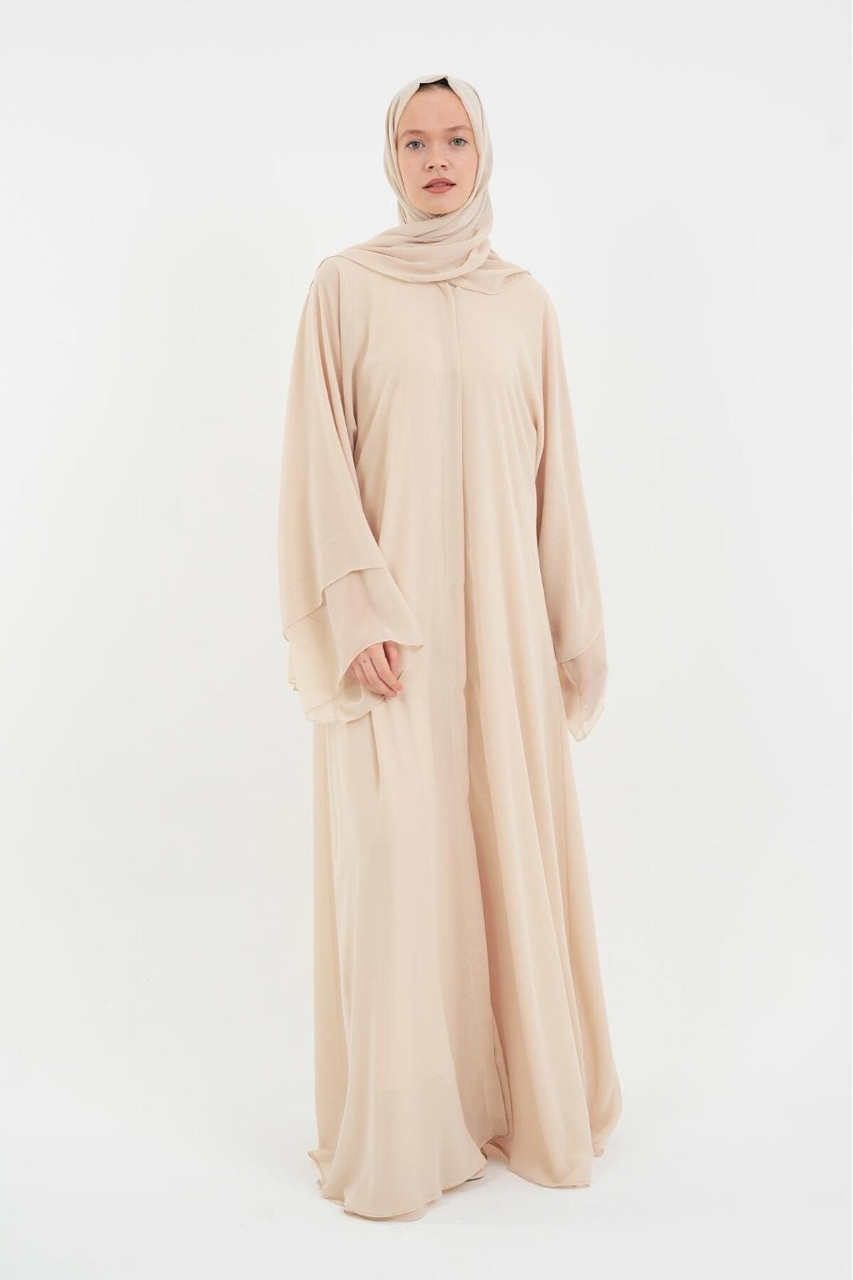 Long Lightweight Abaya and Matching Shawl Set with Snap Closure — acik-bej