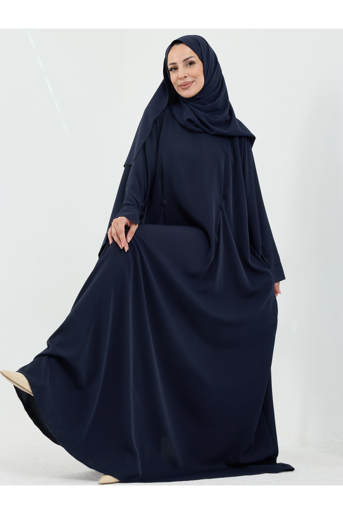 Modest Full-Zip Abaya with Matching Shayla and Button Cuffs — Lacivert