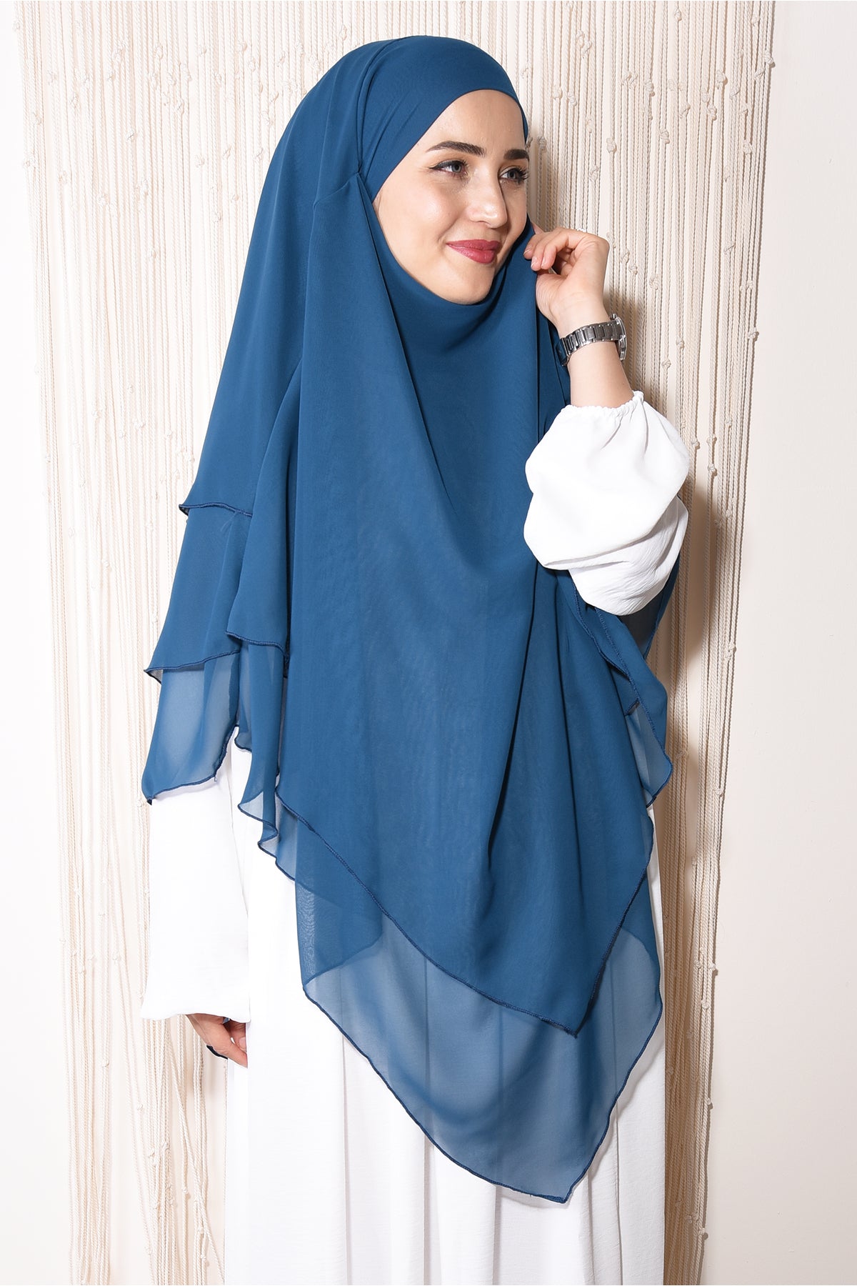 Long Layered Chiffon Khimar with Tie-Back Niqab — Mavi