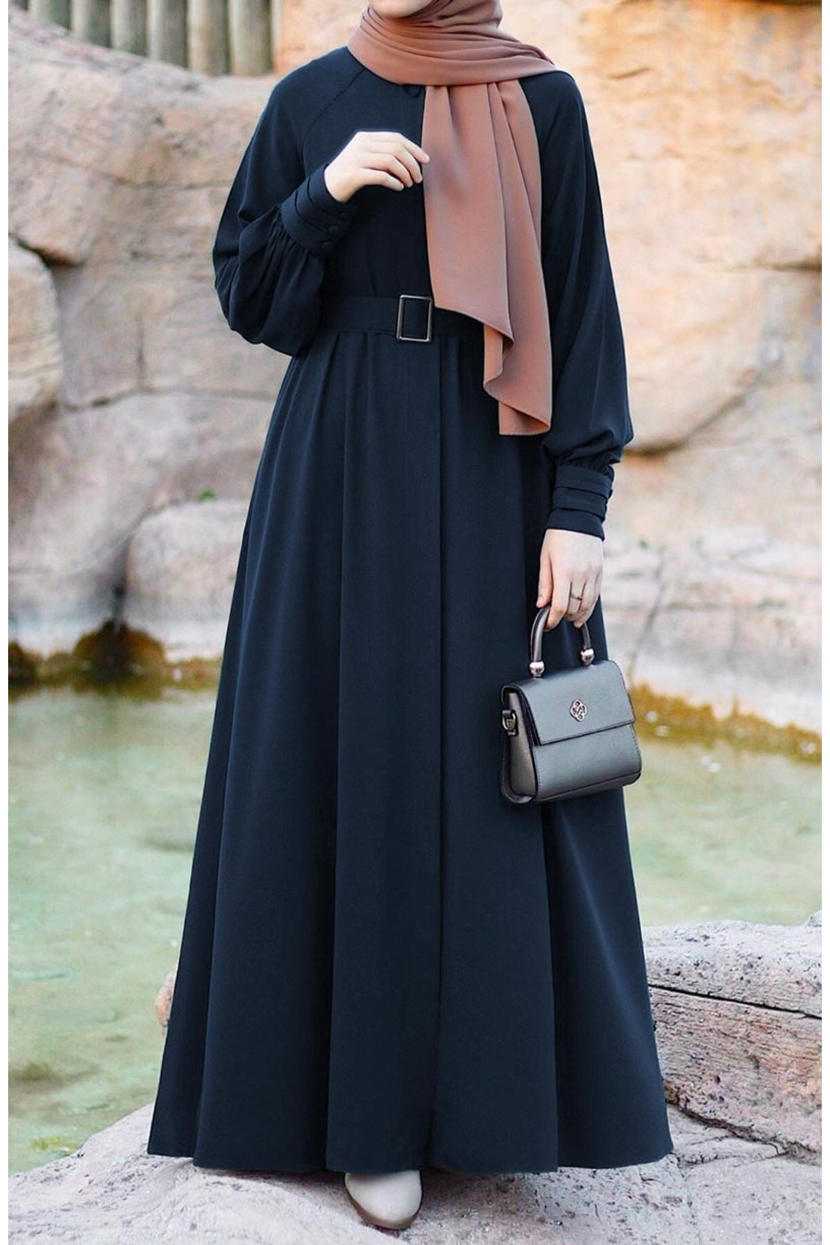 Relaxed Fit Long Crepe Ferace Dress with Adjustable Belt — Lacivert