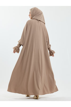 Beige Abaya with Gathered Cuffs & Matching Shawl