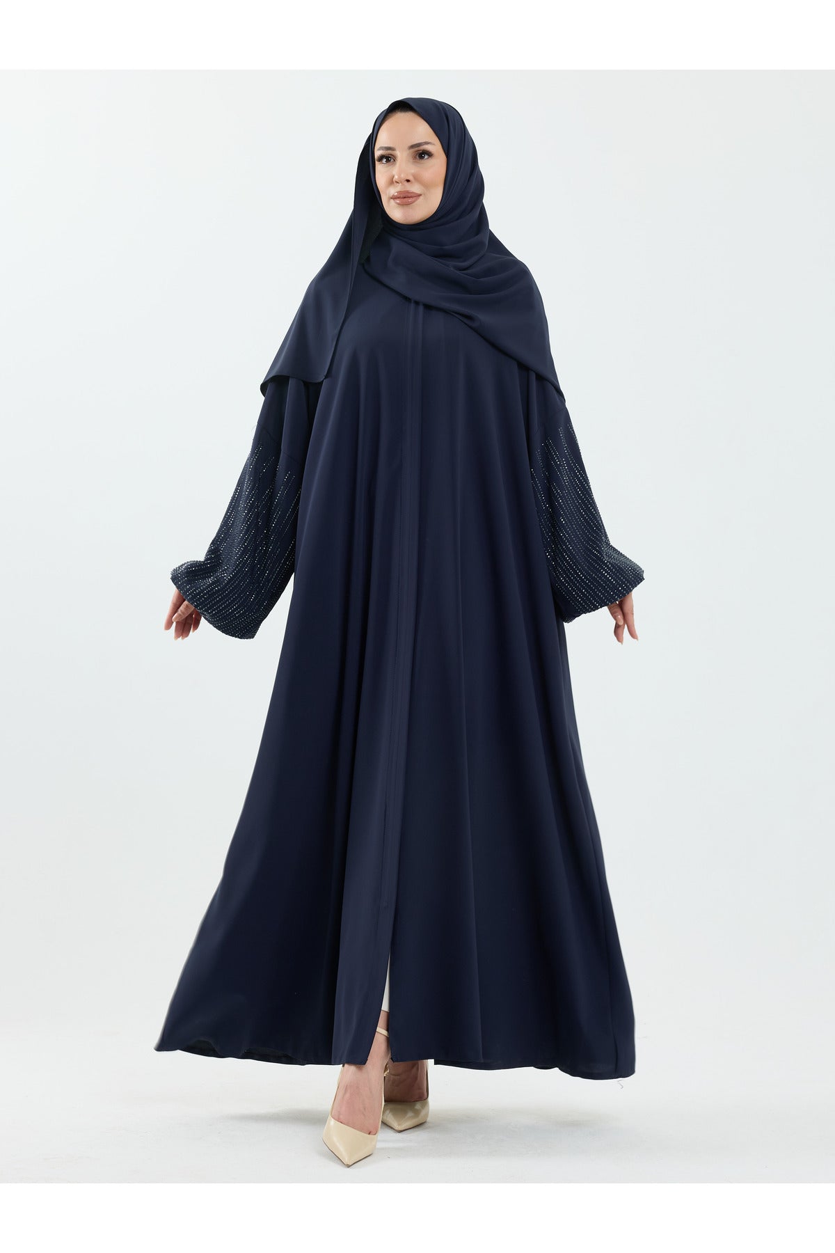 Abaya Set with Embellished Sleeves & Matching Shawl — Lacivert