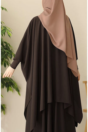 Modest Relaxed Fit Long Tunic & Skirt Set with Batwing Sleeves — Kahverengi