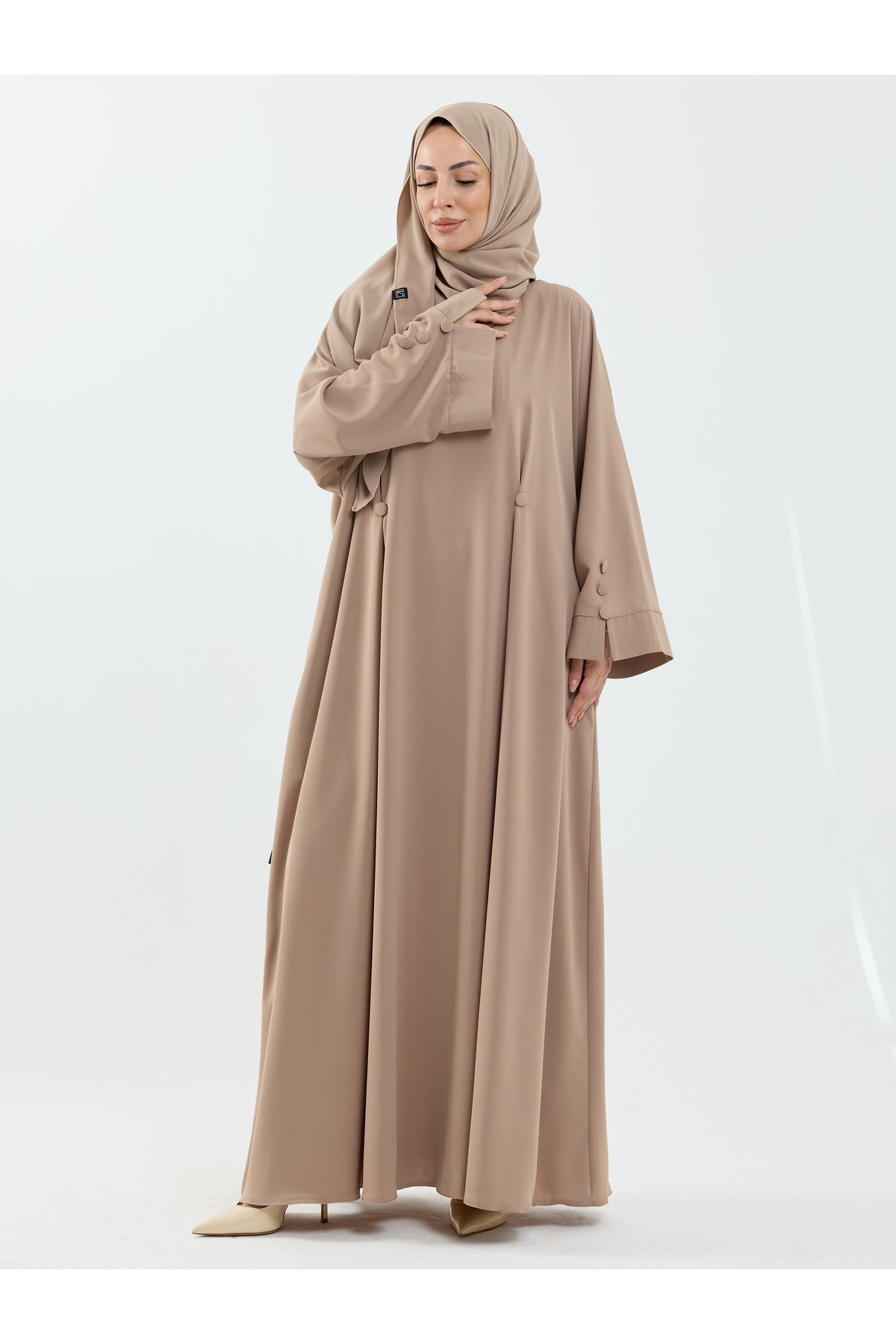 Modest Full-Zip Abaya with Matching Shayla and Button Cuffs — Bej