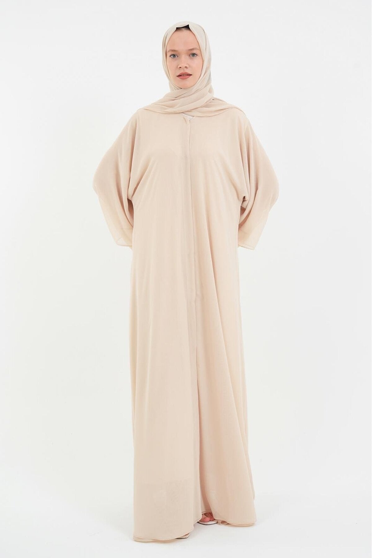 Long Lightweight Abaya and Matching Shawl Set with Snap Closure — acik-bej