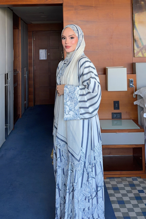 Navy Striped Abaya with Floral Print & Belt
