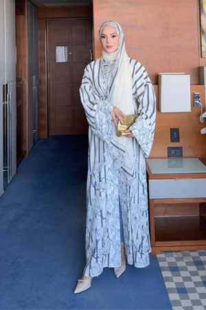 Navy Striped Abaya with Floral Print & Belt