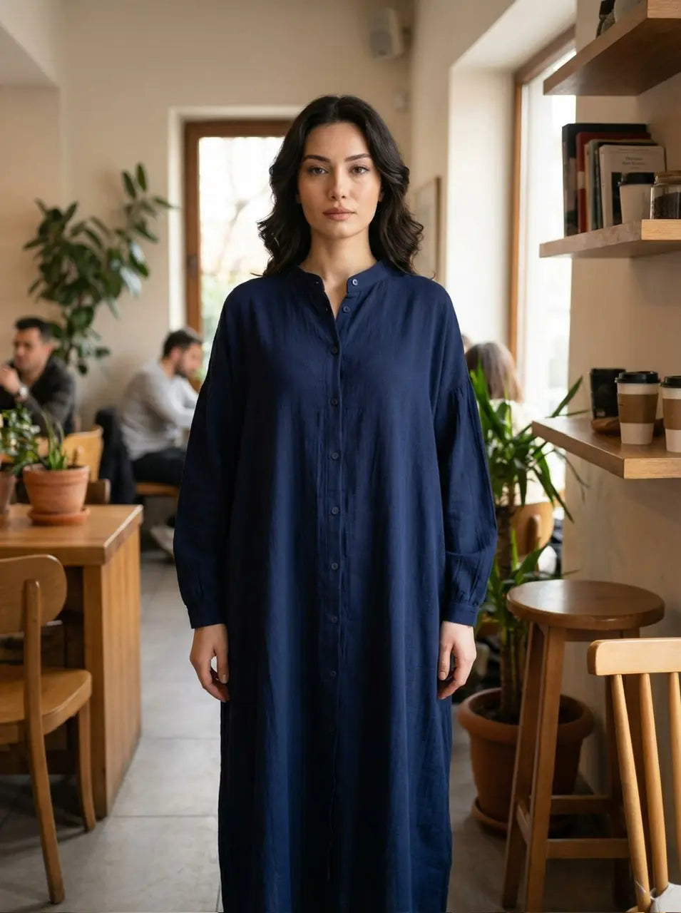 Relaxed Fit Button-Front muslin Dress with Band Collar