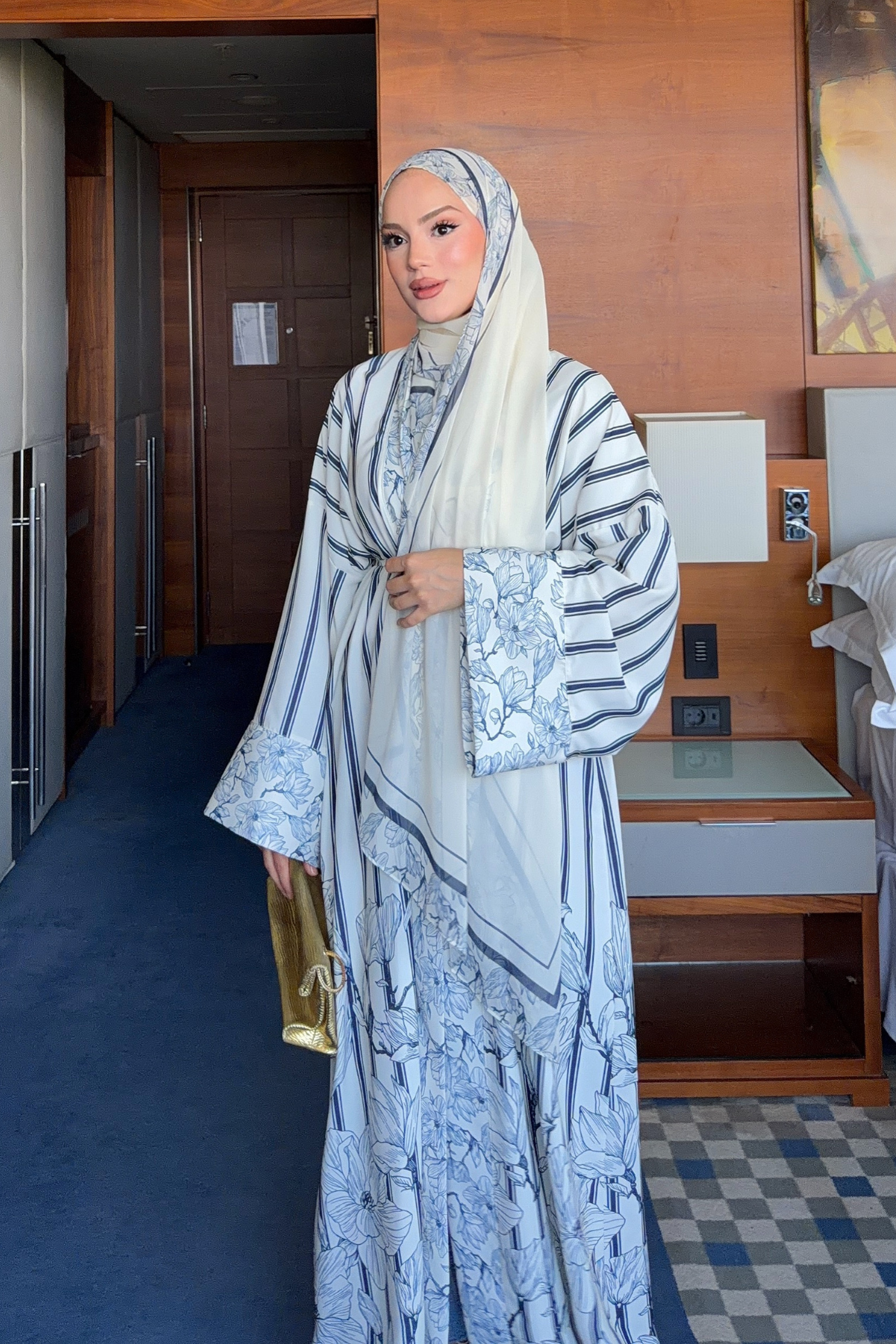 Navy Striped Abaya with Floral Print & Belt
