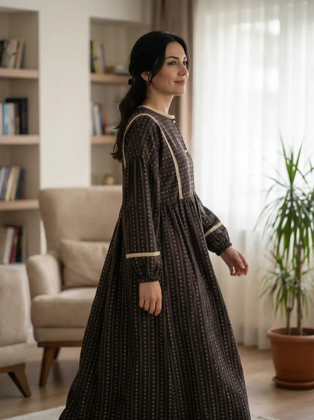 Flowing Muslin  Dress with Modest Cut and Lace Trim