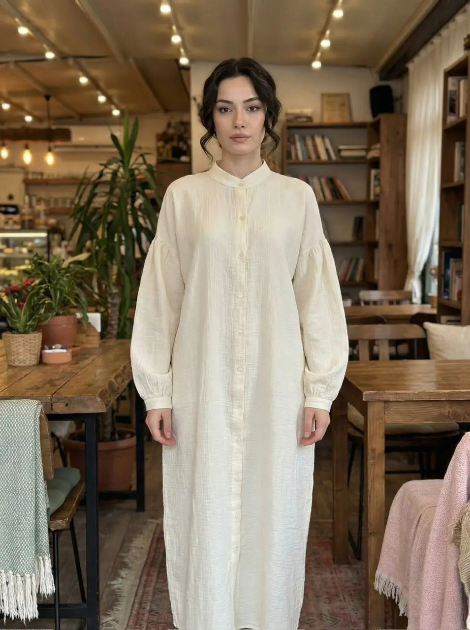 Relaxed Fit Button-Front muslin Dress with Band Collar