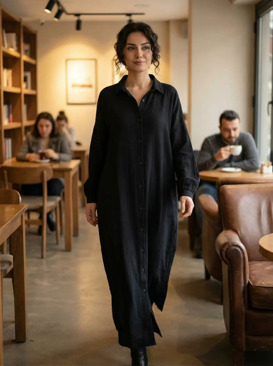 Relaxed Fit Button-Front muslin Dress with Band Collar