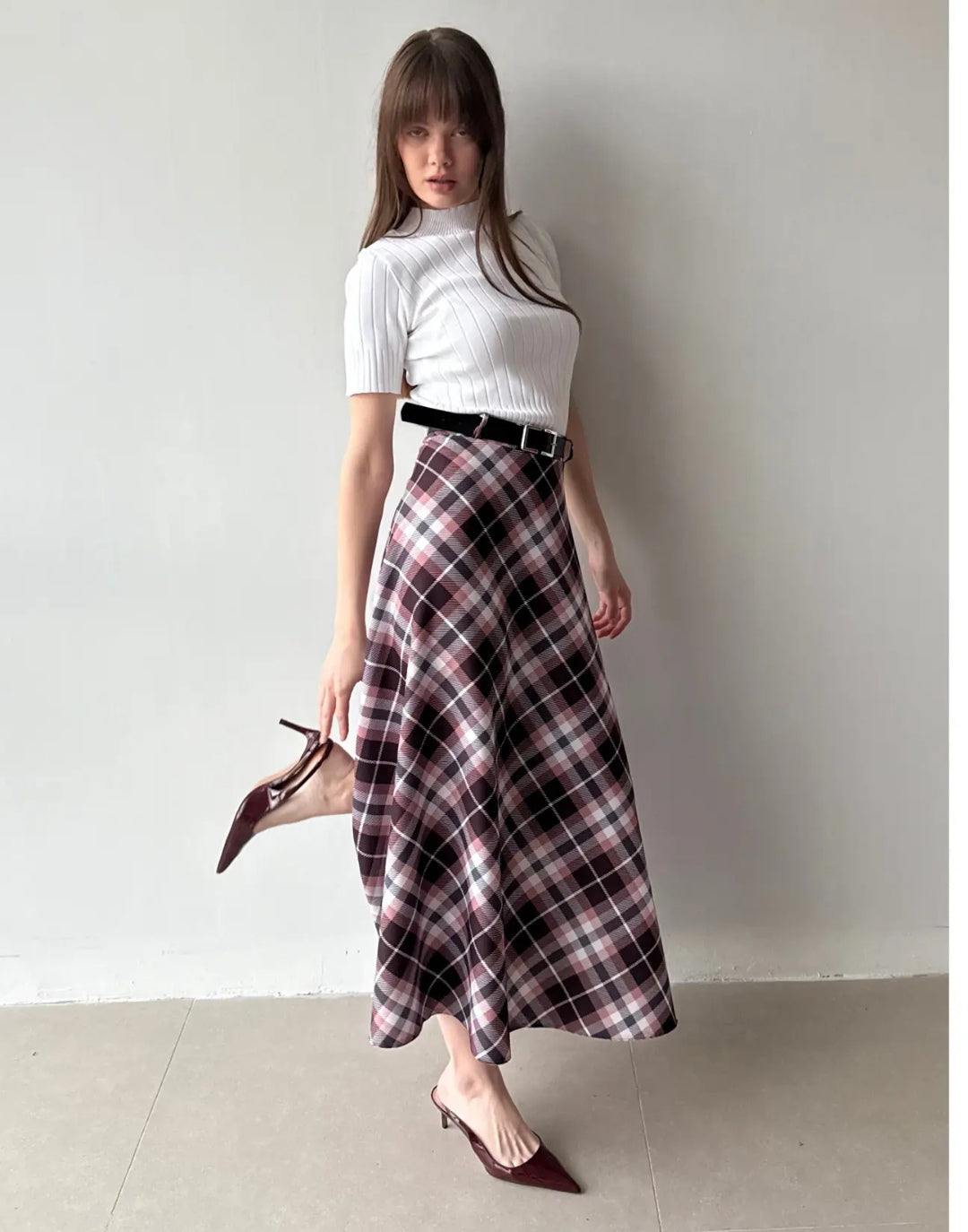 Plaid Belted Flared Skirt