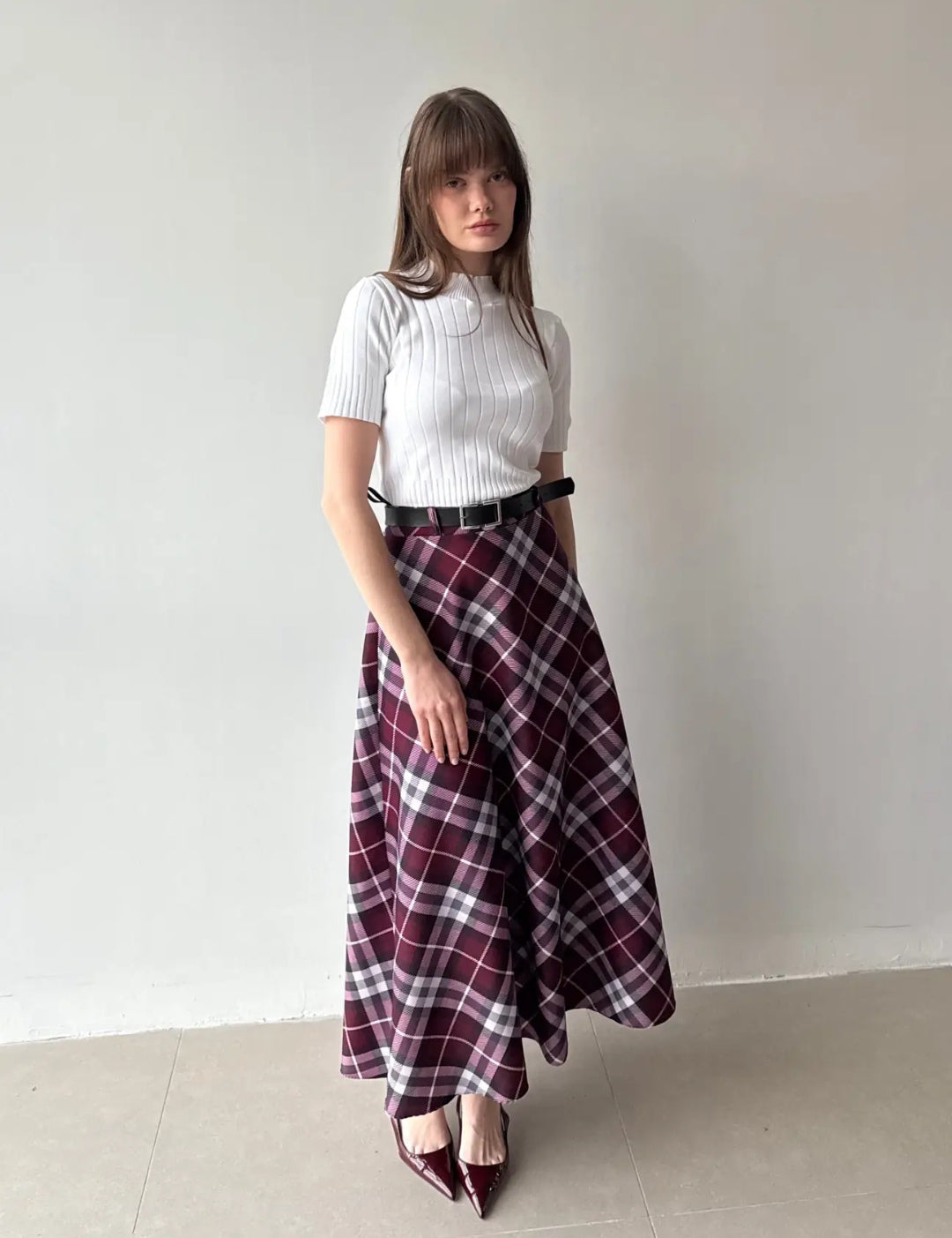Plaid Belted Flared Skirt