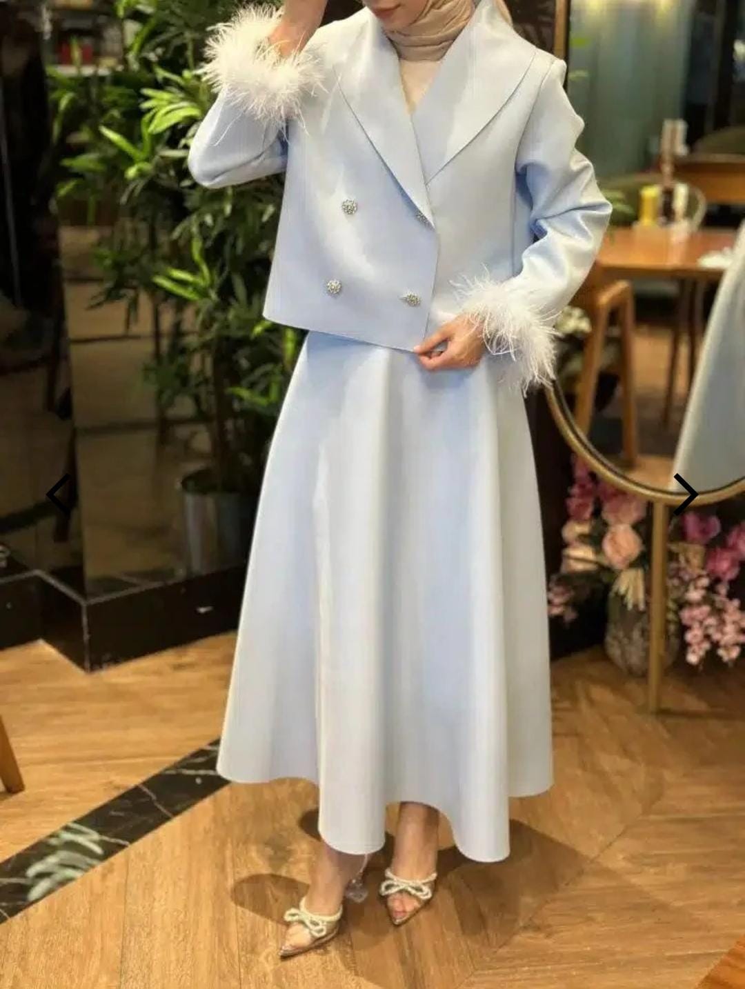 Scuba Puff Skirt & Blazer Set – Elegant Feather Detail (SK019)