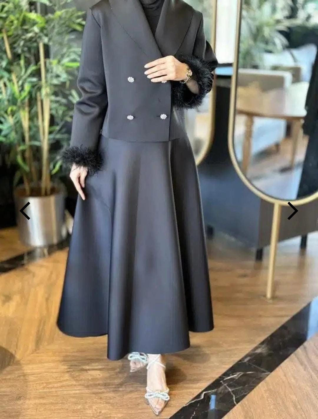 Scuba Puff Skirt & Blazer Set – Elegant Feather Detail (SK019)