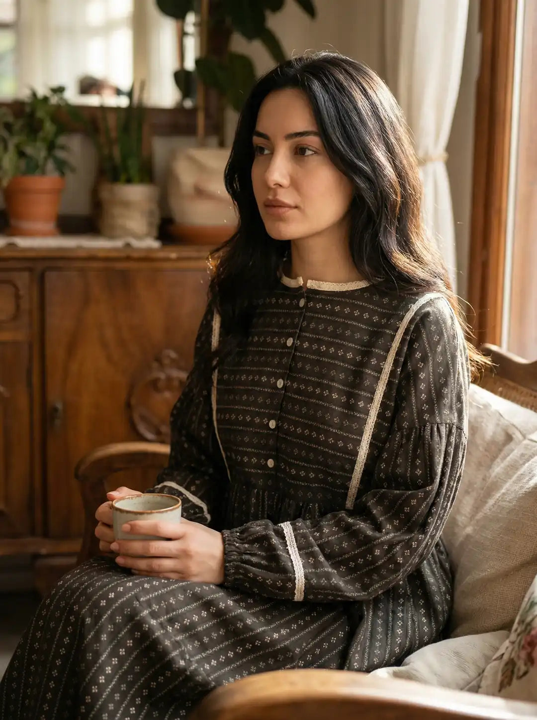Flowing Muslin  Dress with Modest Cut and Lace Trim