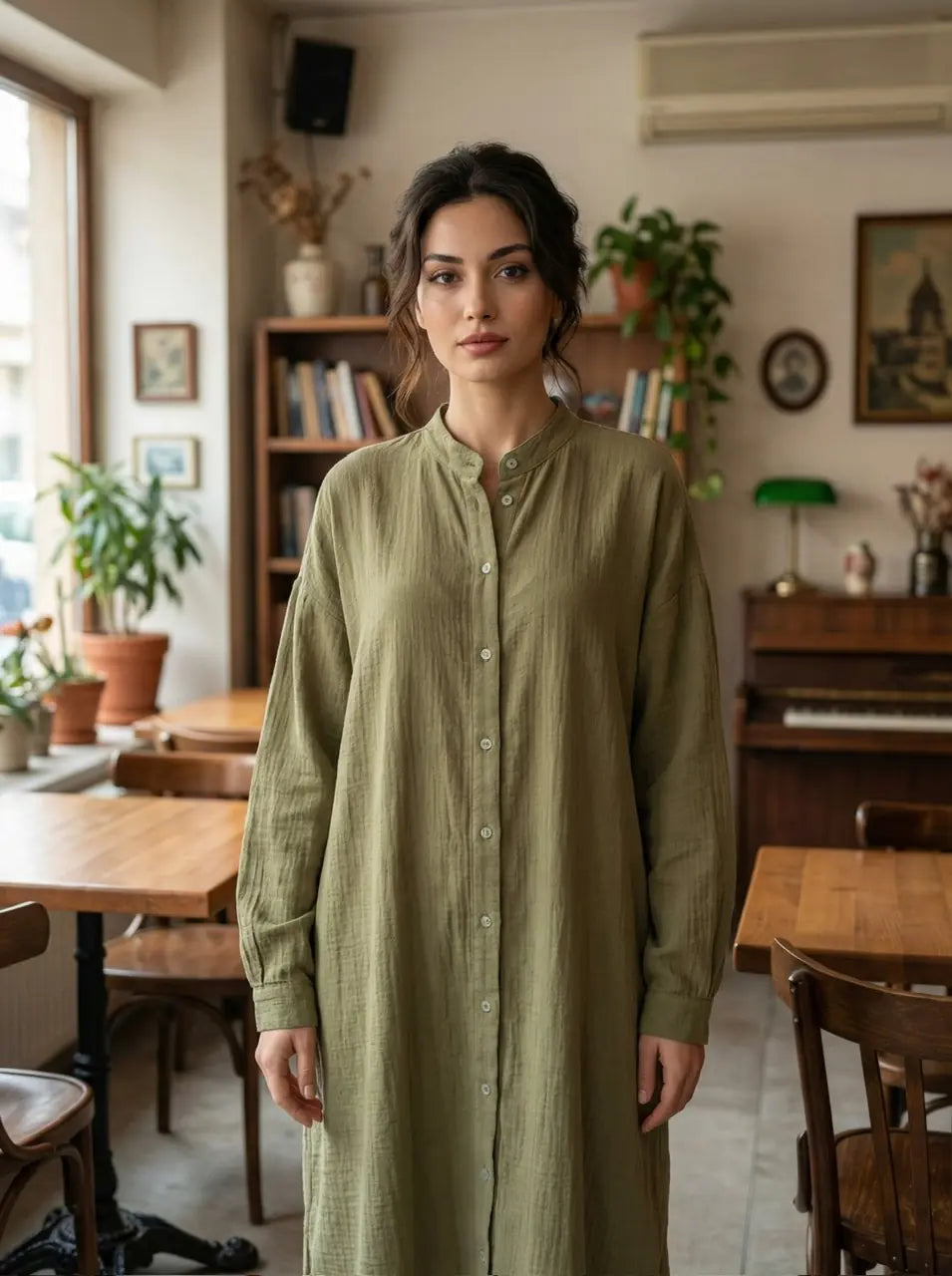 Relaxed Fit Button-Front muslin Dress with Band Collar