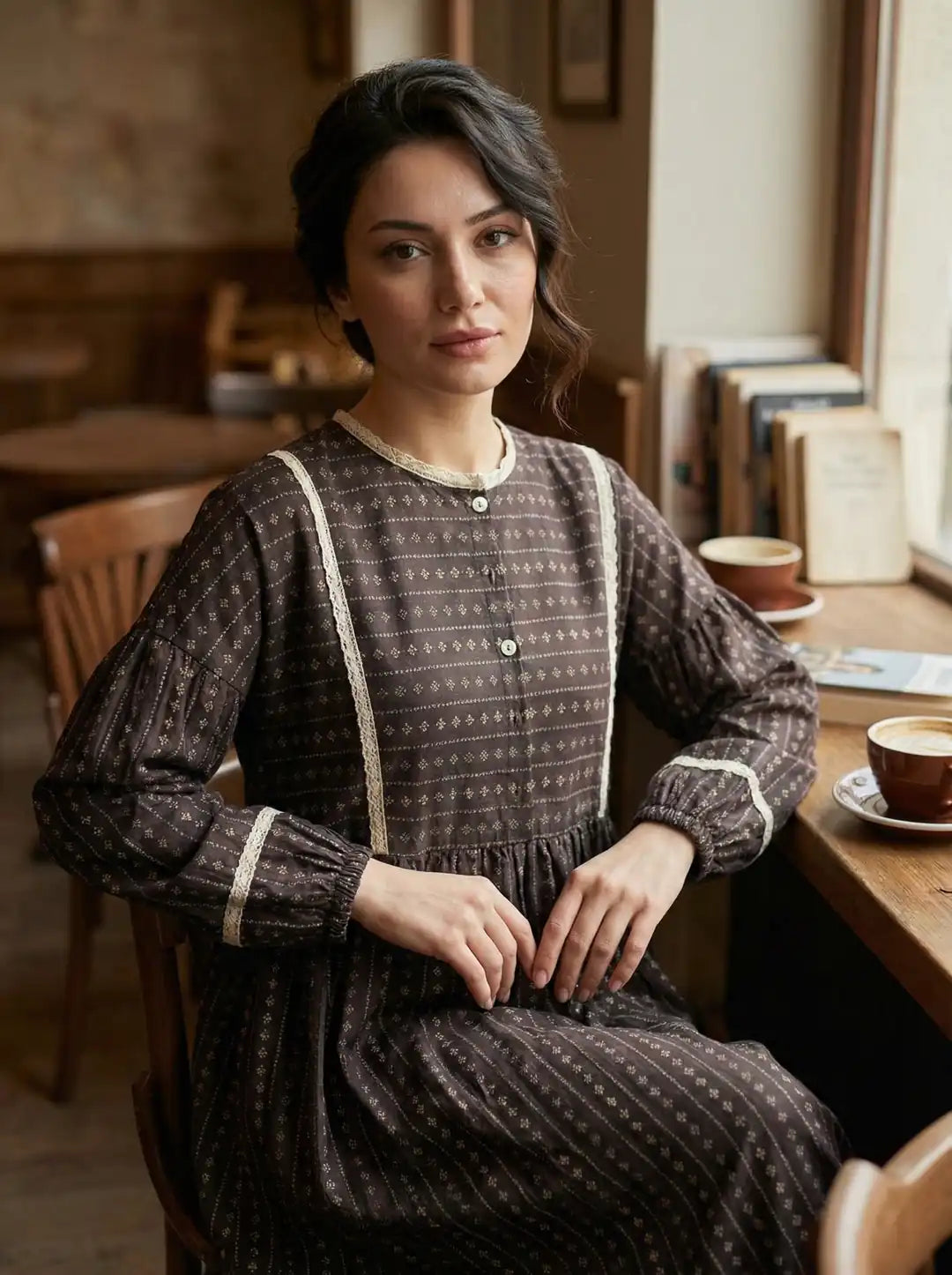 Flowing Muslin  Dress with Modest Cut and Lace Trim