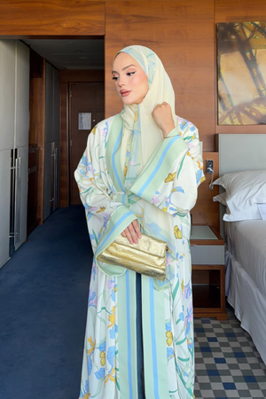Flowy Floral Satin Open Abaya with Striped Trim and Shawl — Mint Yesili