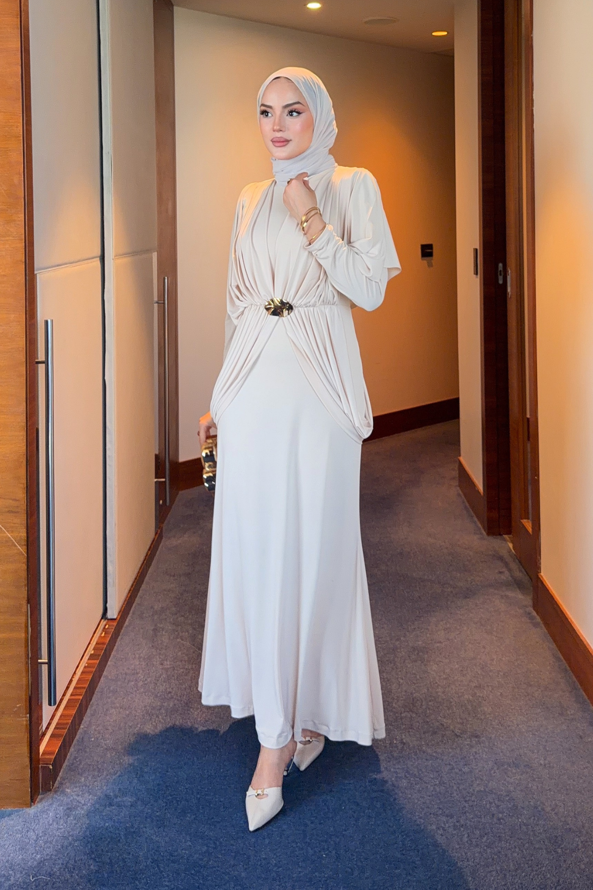 Draped Maxi Dress with High Neck and Decorative Buckle — Bej