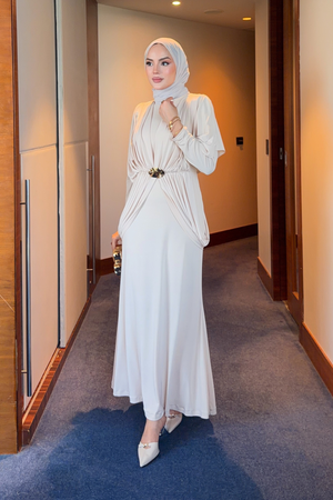 Draped Maxi Dress with High Neck and Decorative Buckle — Bej