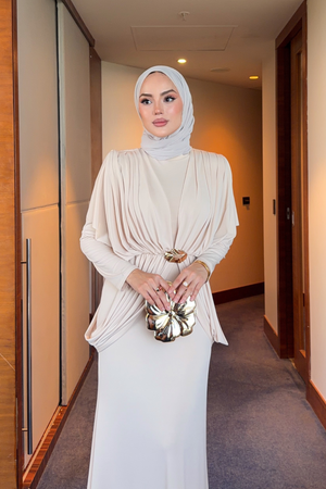 Draped Maxi Dress with High Neck and Decorative Buckle — Bej