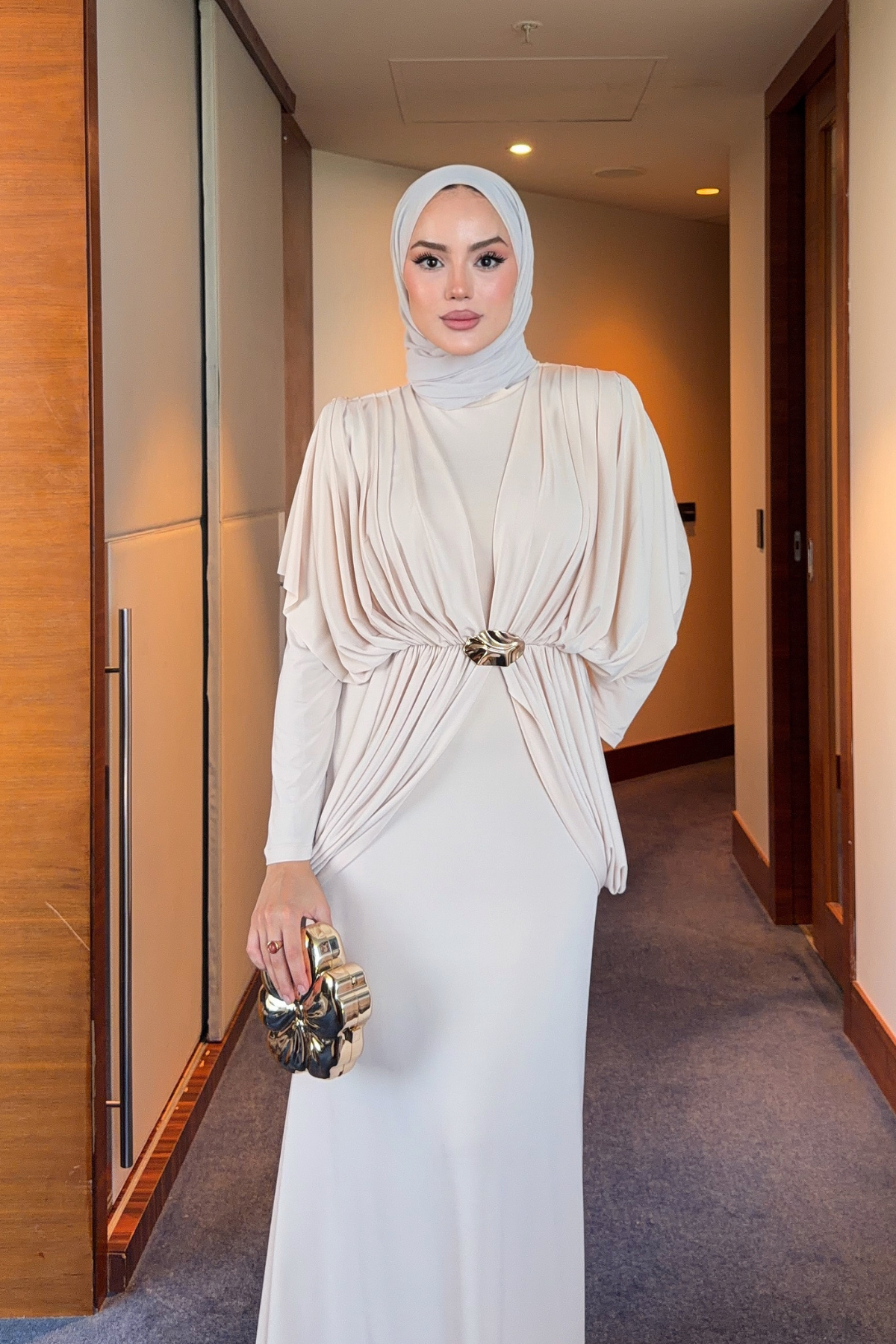 Draped Maxi Dress with High Neck and Decorative Buckle — Bej