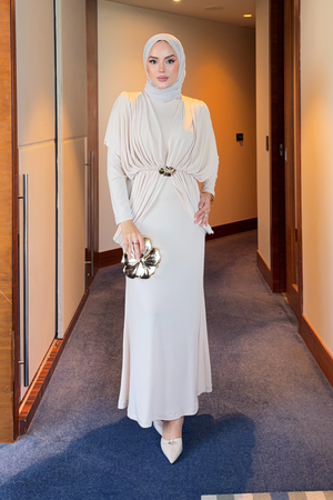 Draped Maxi Dress with High Neck and Decorative Buckle — Bej