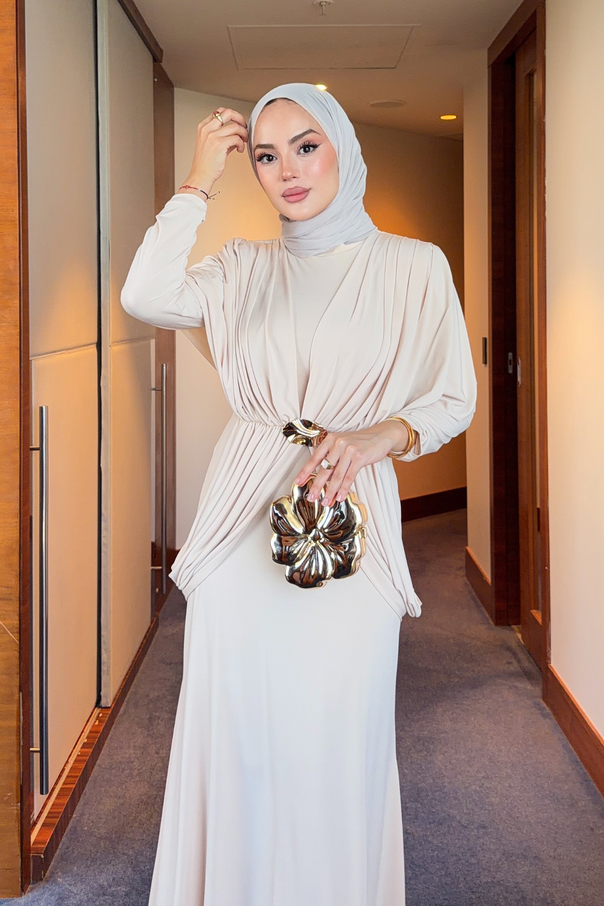 Draped Maxi Dress with High Neck and Decorative Buckle — Bej