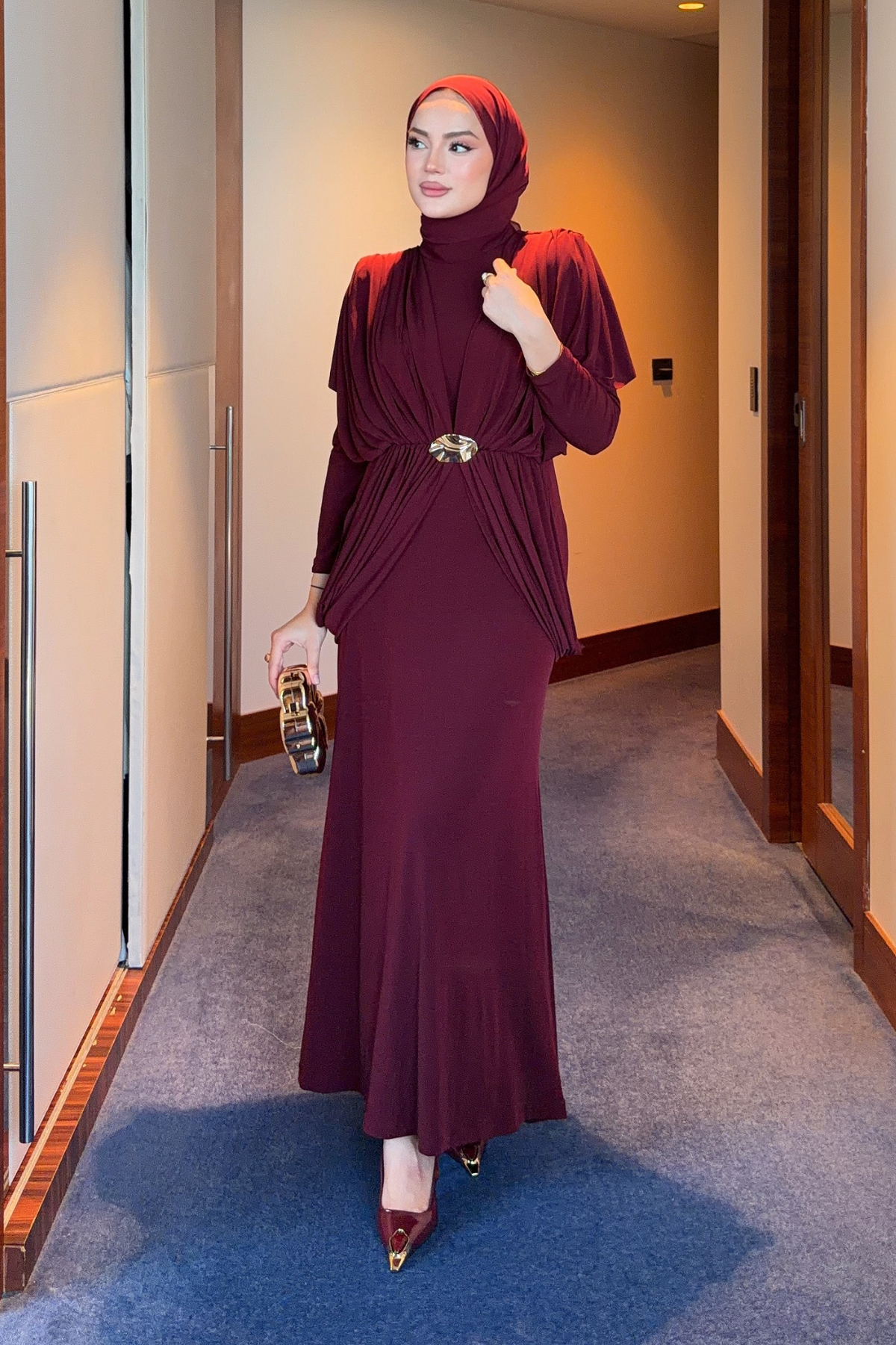 Draped Maxi Dress with High Neck and Decorative Buckle — Bordo