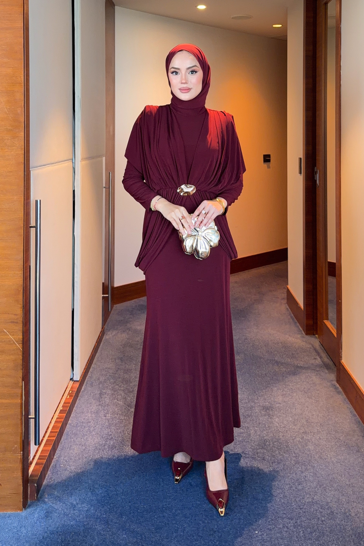 Draped Maxi Dress with High Neck and Decorative Buckle — Bordo