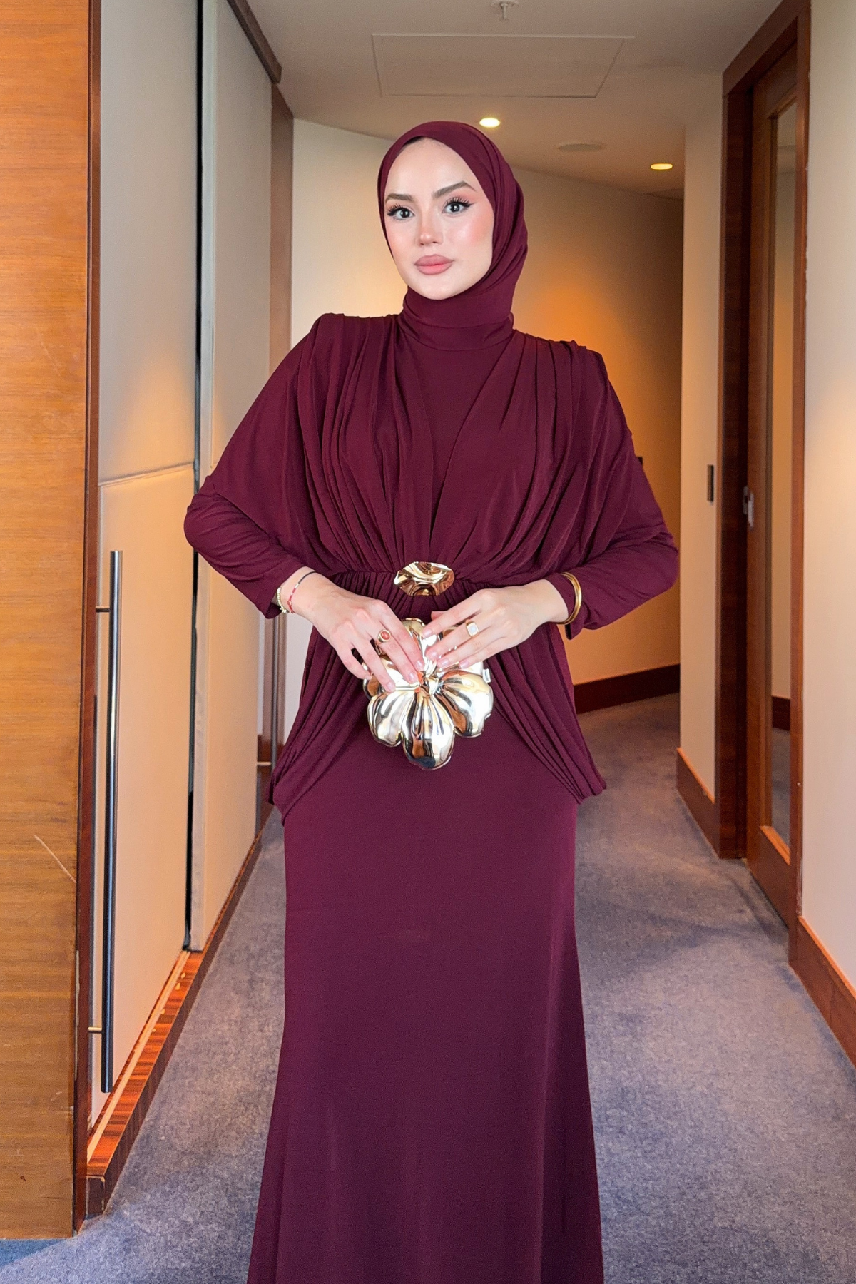 Draped Maxi Dress with High Neck and Decorative Buckle — Bordo